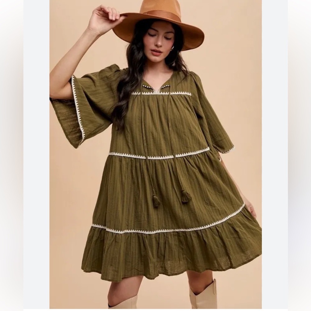 Anniewear Olive Green Tiered Dress with White Trim